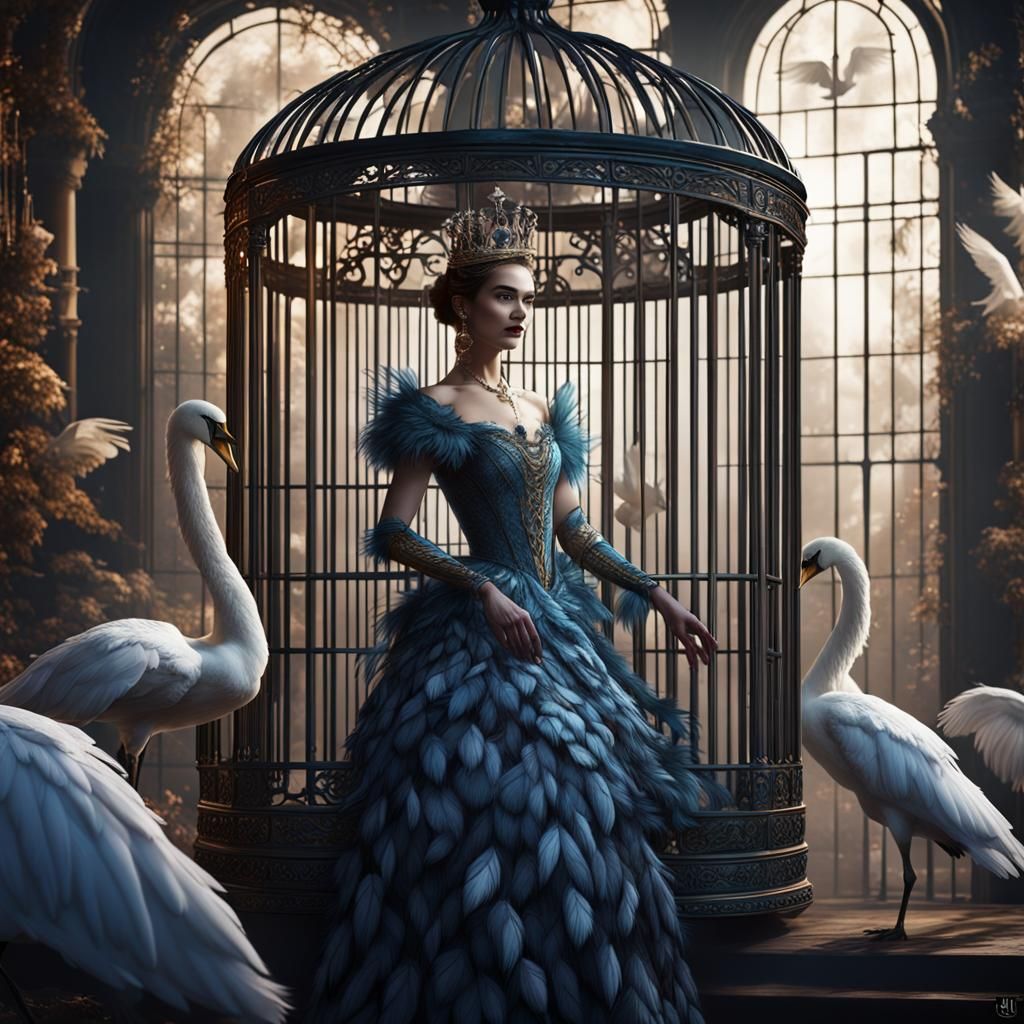Swan Feather Queen in Birdcage: Detailed Matte Painting