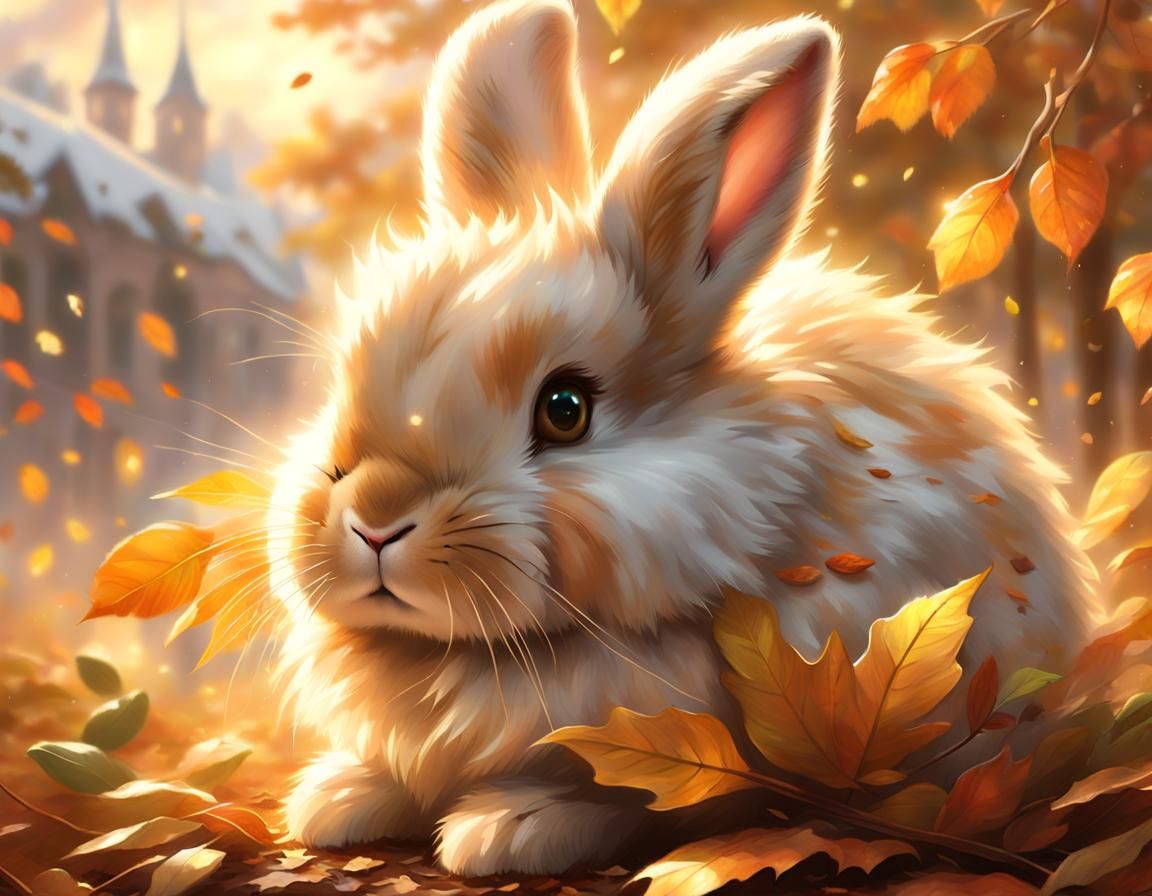 Fluffy Bunny Snuggles in Autumn Leaves: Digital Painting