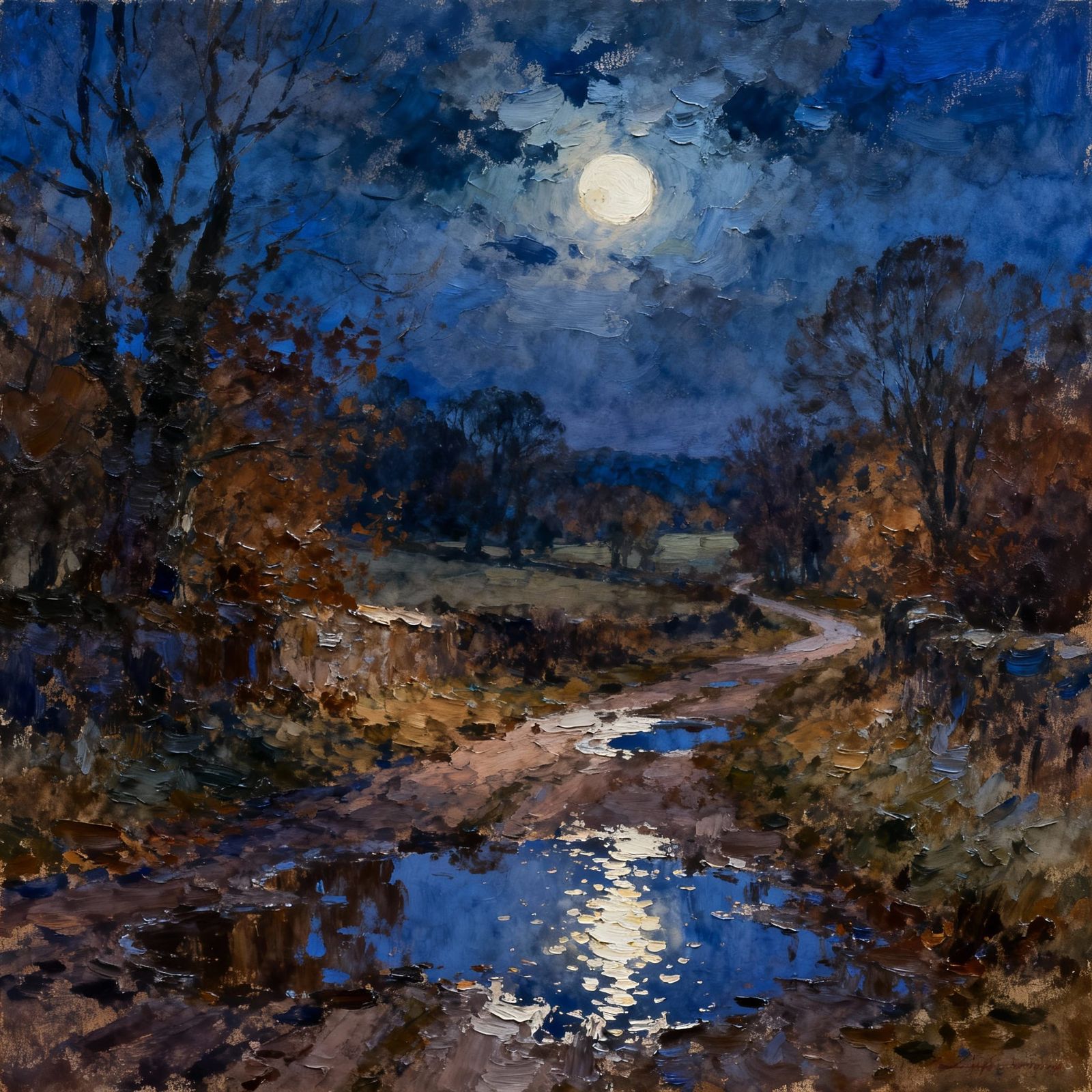 English Autumn Night Landscape in Pale Moonlight