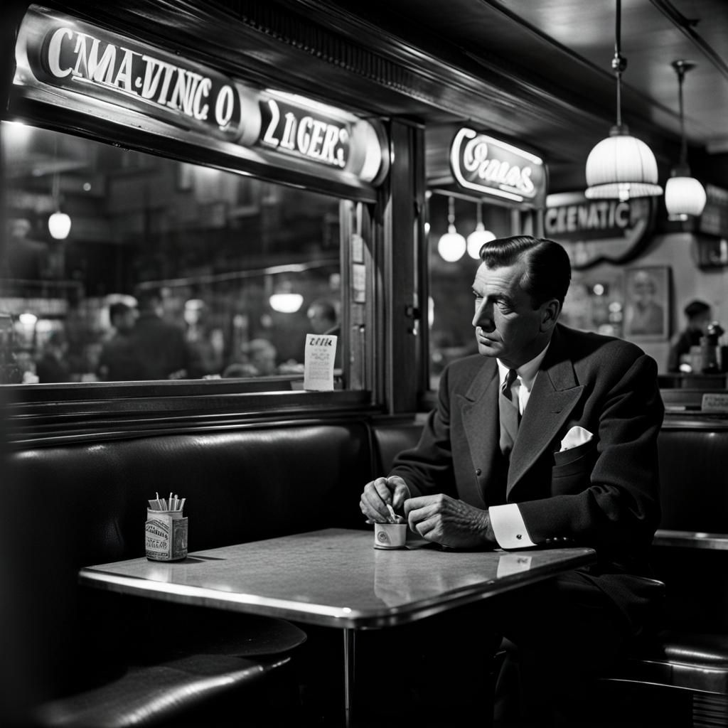1950s Diner Scene: Tired Man Smoking, Cinematic Lighting