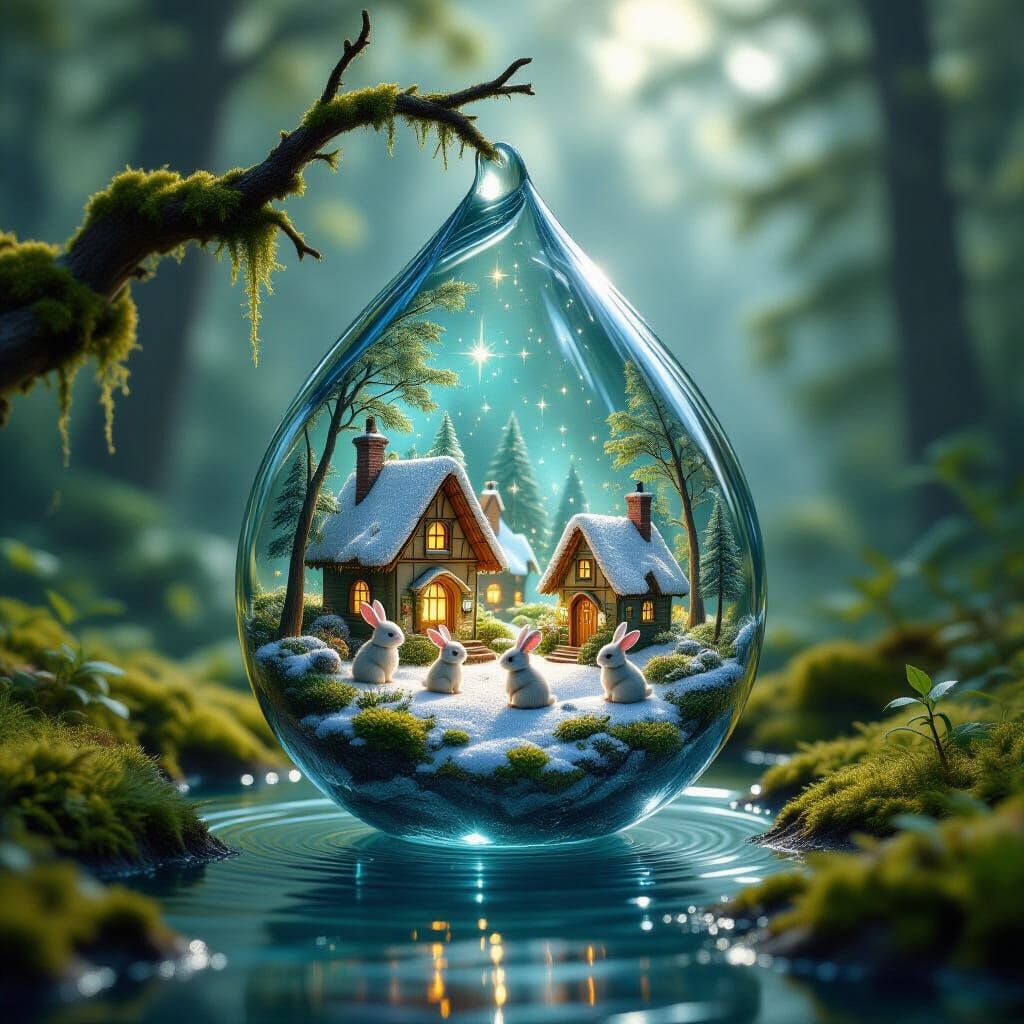 Enchanted Village Inside Water Droplet, Mossy Branch