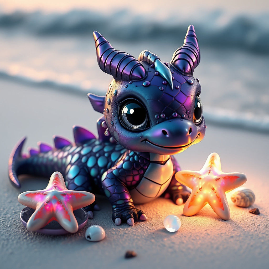 Iridescent Baby Dragon on a Beach, in Anime Style