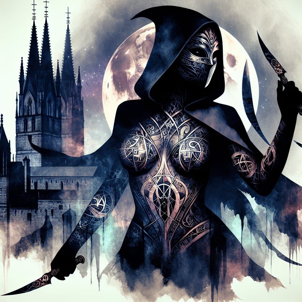 Runic Assassin in Gothic City, Watercolor Style