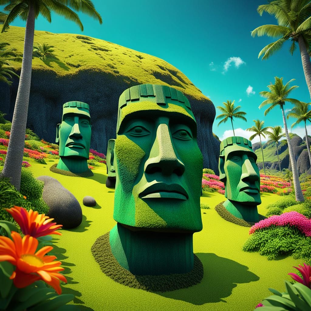 Easter Island Heads in a Rousseau-Inspired Tropical Paradise