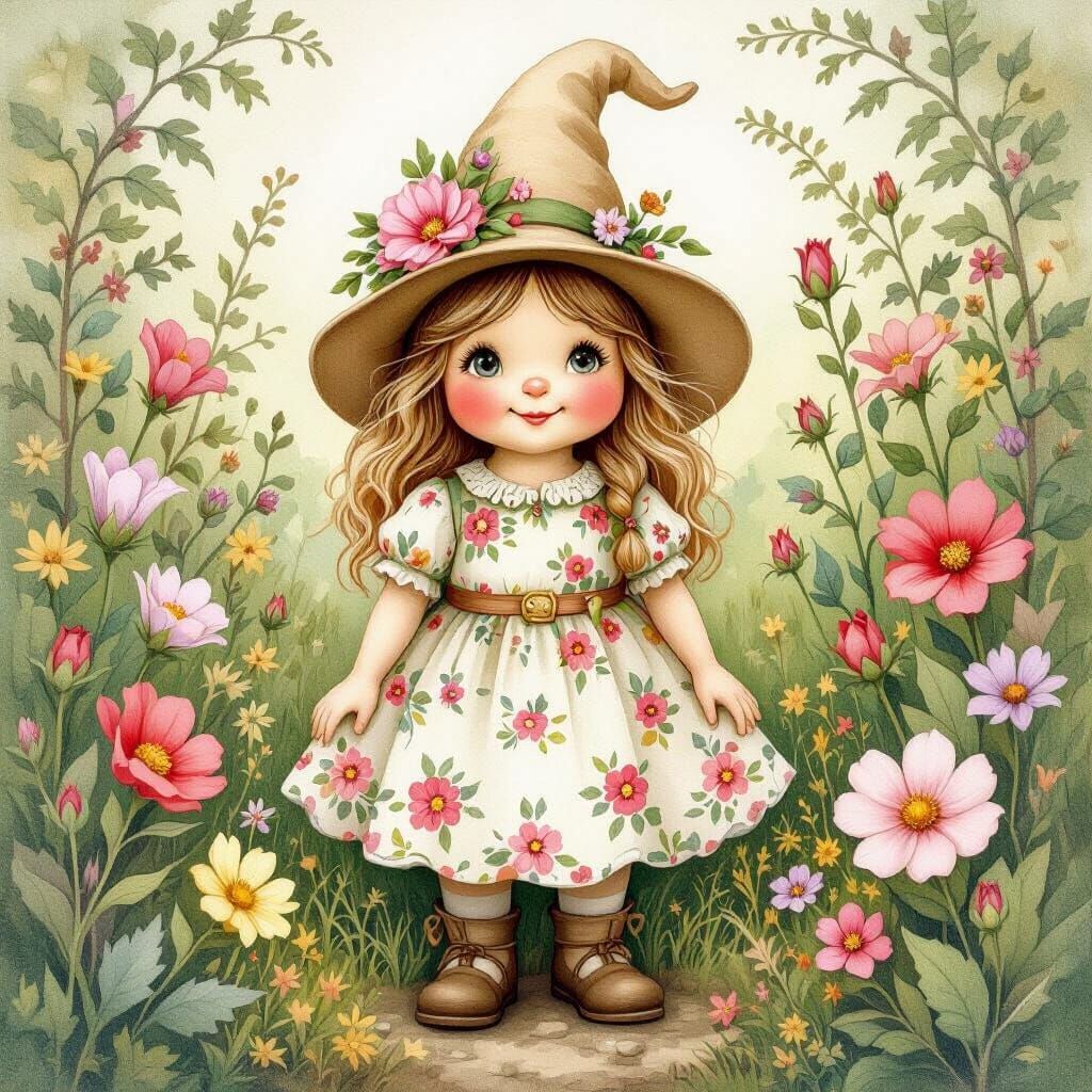 Girl Garden Gnome in Floral Wonderland as Watercolor Art