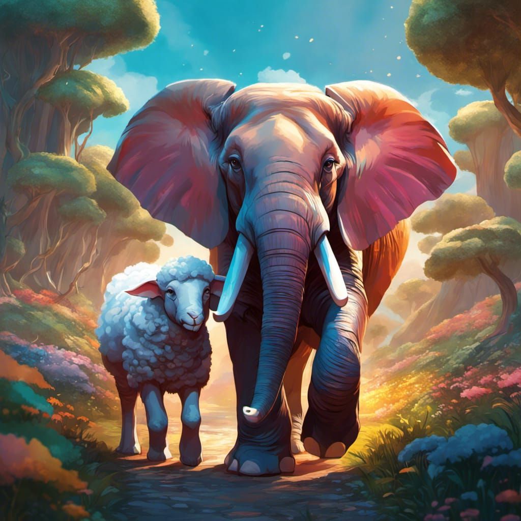 Elephant and Sheep Walk, Hyperdetailed Concept Art
