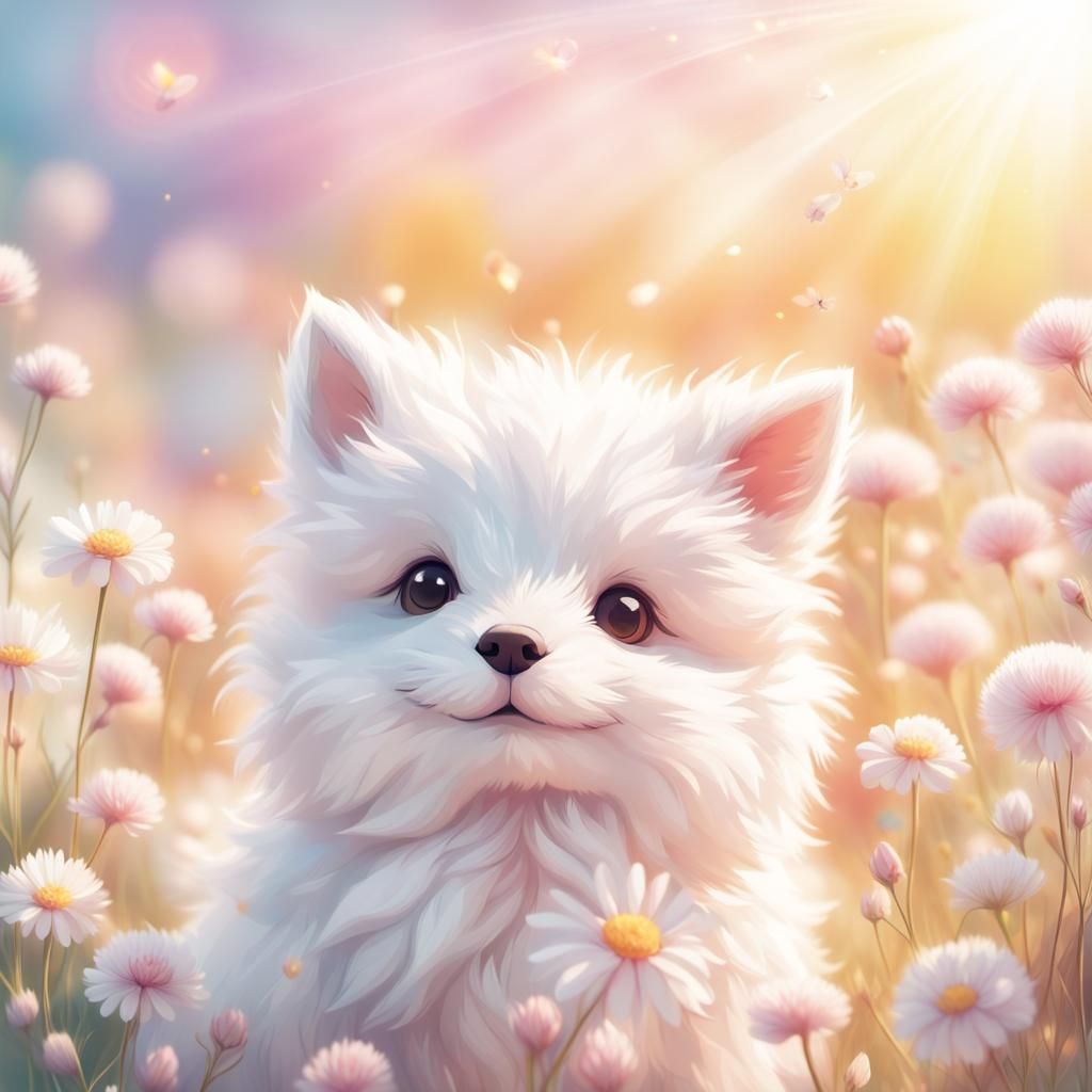 Cute Animal in Flower Field: Whimsical Illustration