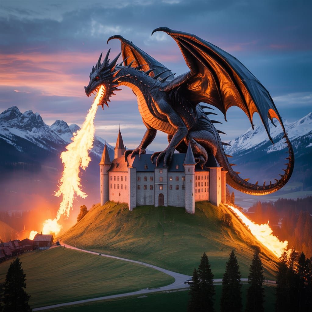 Colossal Black Dragon on Castle Hill: Dramatic Photo