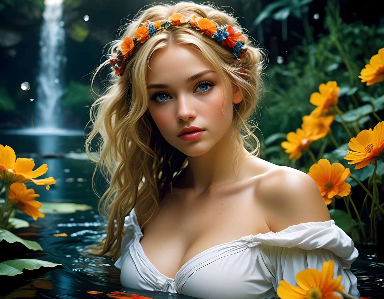 Norse Goddess in a Lush Water Garden