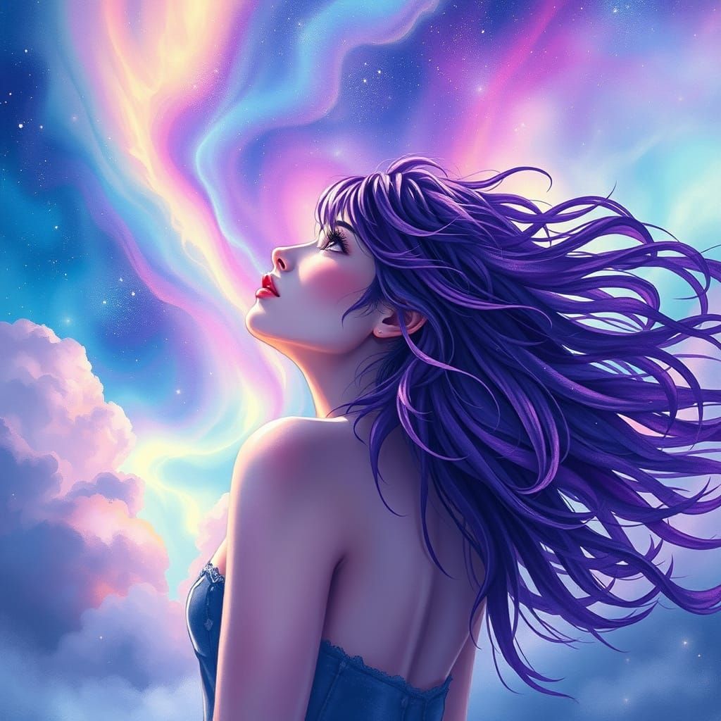 Surreal Goddess in Cosmic Skies with Aurora Borealis