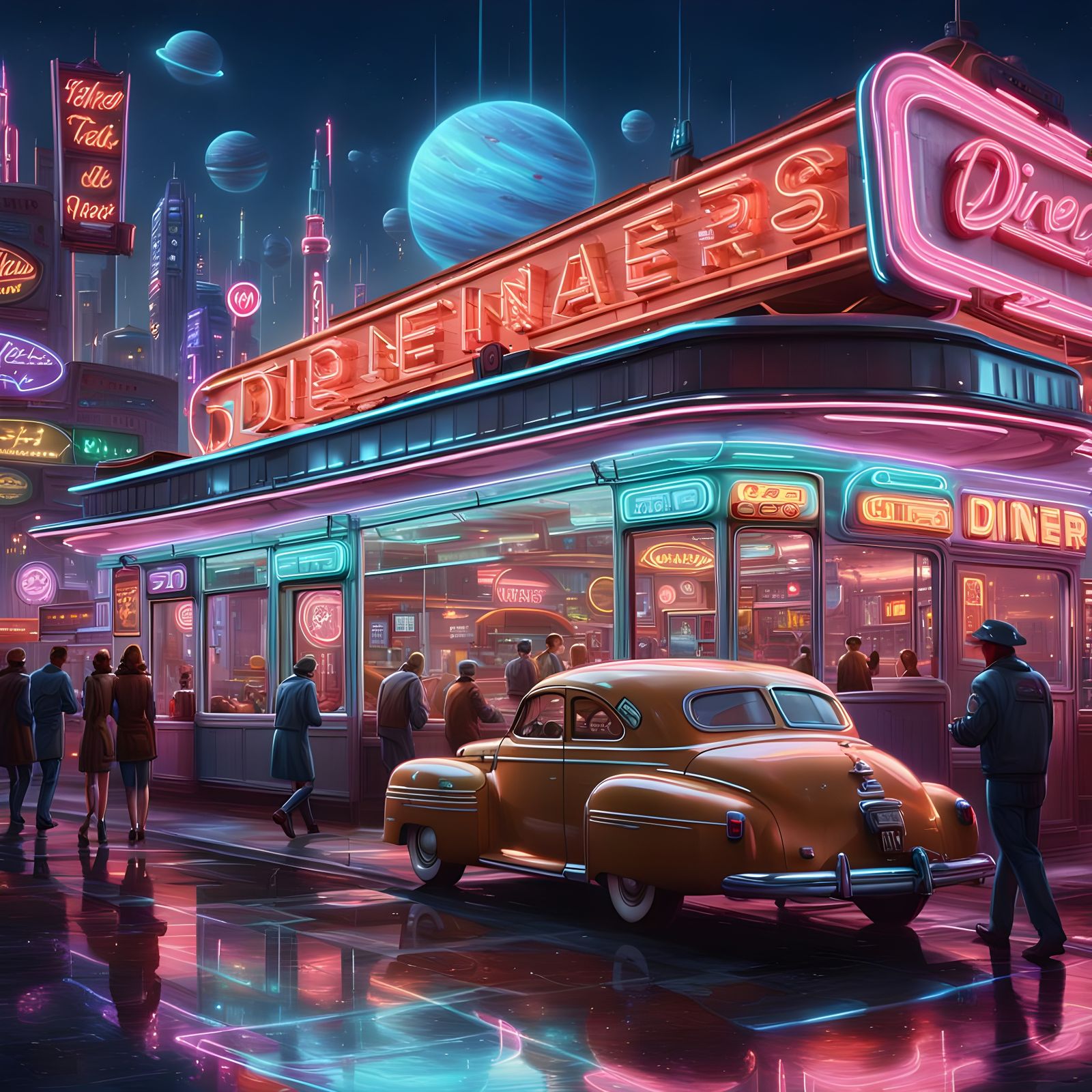 Retro Diner in Futuristic City: Hyperrealistic AI Art