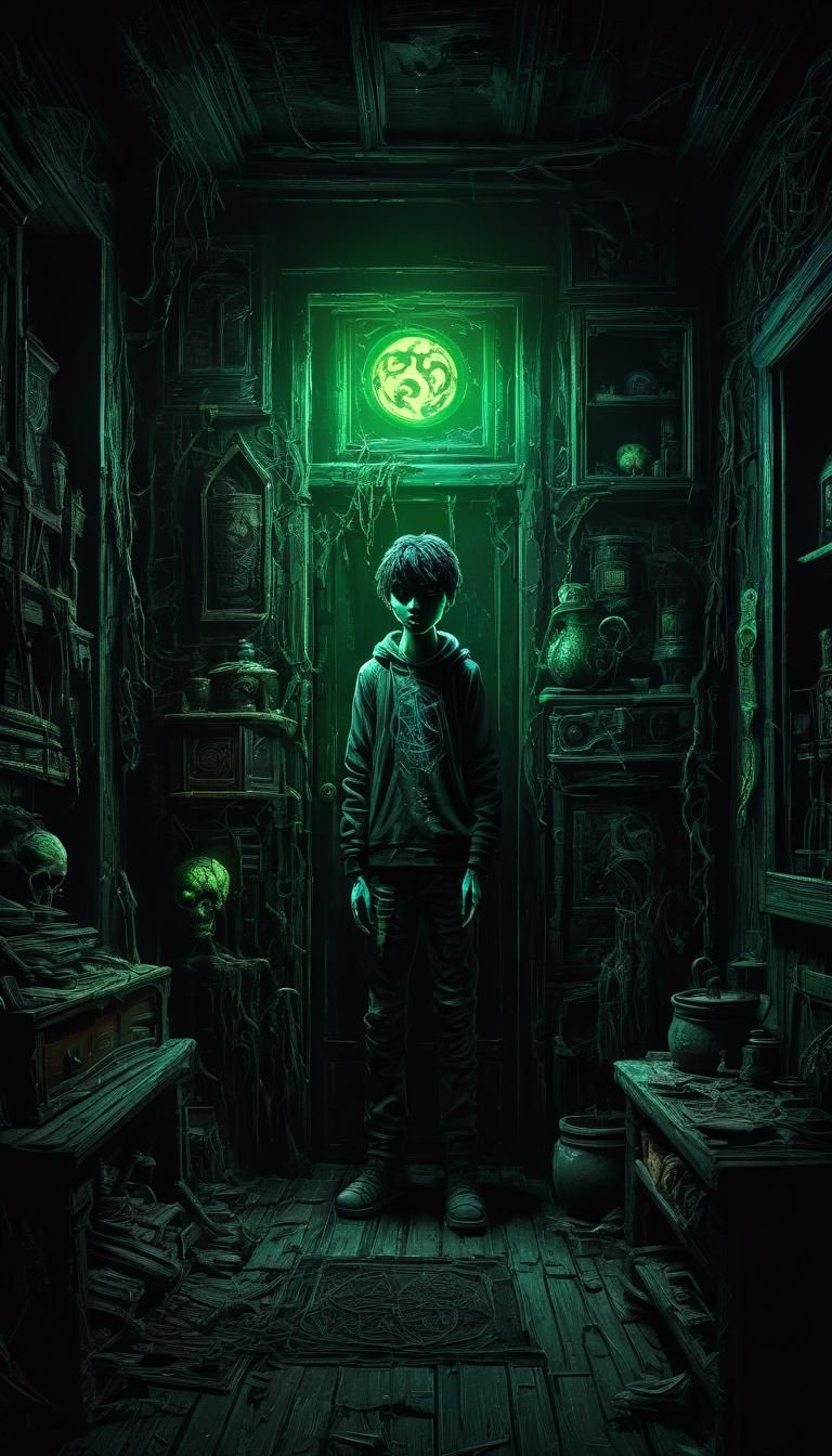 Sinister Fluorescent Boy in Dark House Concept Art