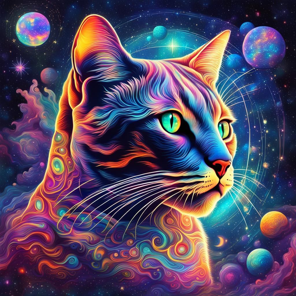 Astral Cosmic Cat Illustration in Holographic Style