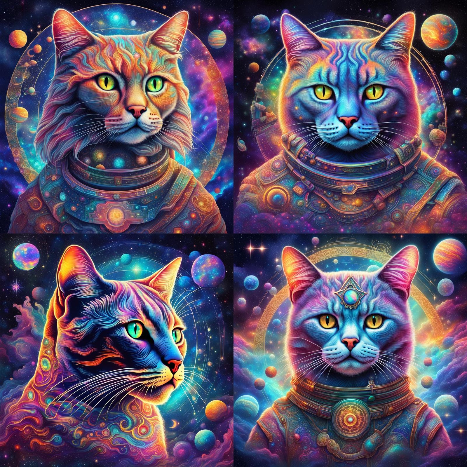 Holographic Cosmic Cat Illustration in Mixed Media