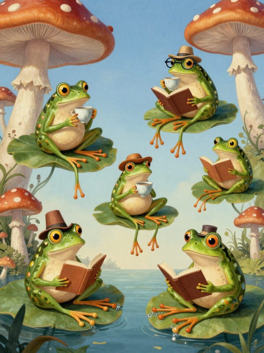 Whimsical Frogs in Surreal Scenarios