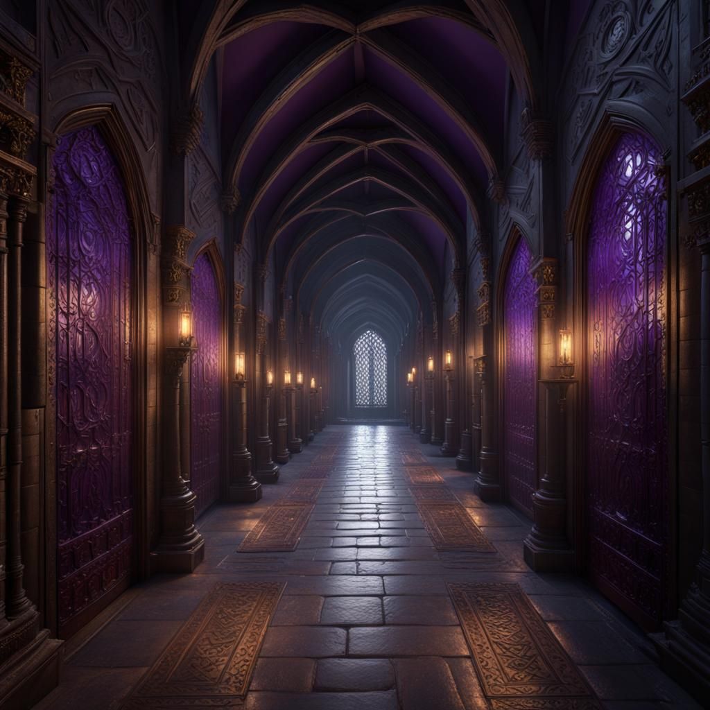 Dark Medieval Corridor with Ornate Doors