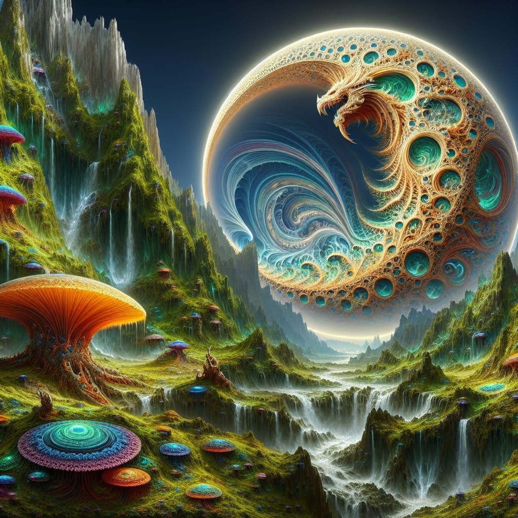 Dragon-Jaguar Under a Fractal Moon