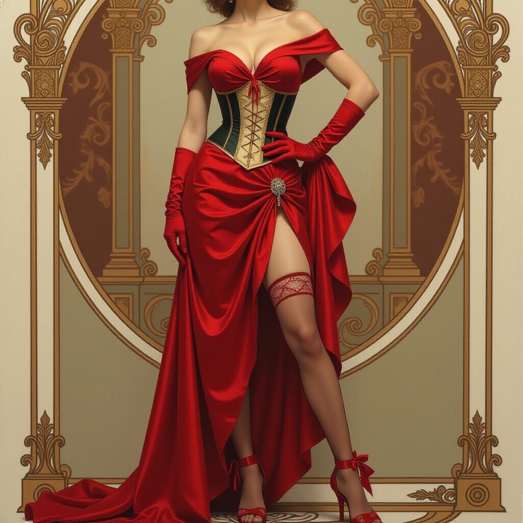 Woman in Crimson Toga with Victorian Ballroom Backdrop