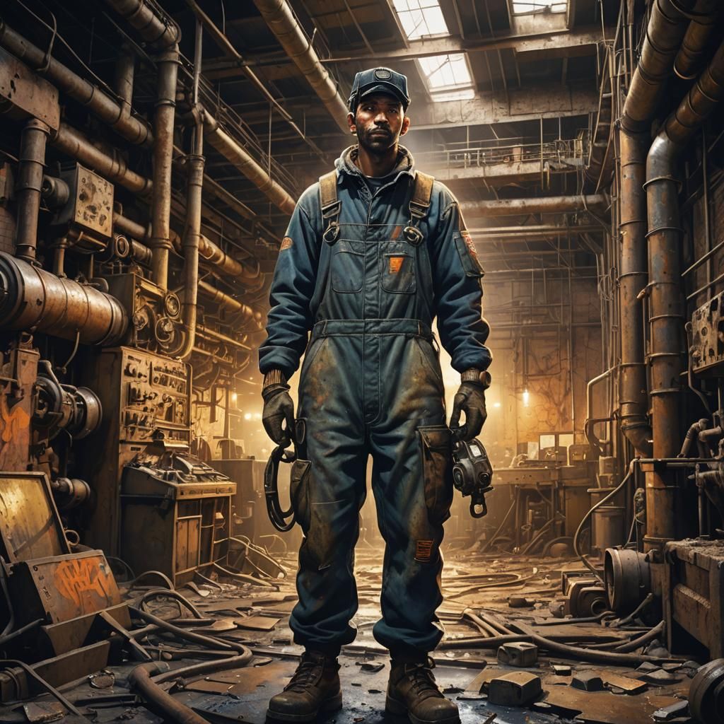 Gritty Industrial Worker in a Decaying Factory