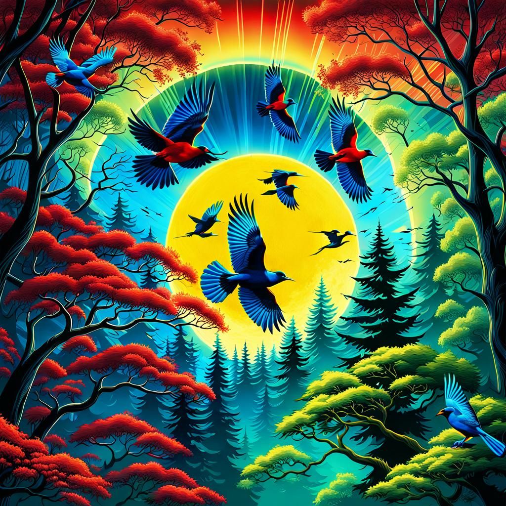 Fluorescent Birds in a Magical Glowing Forest