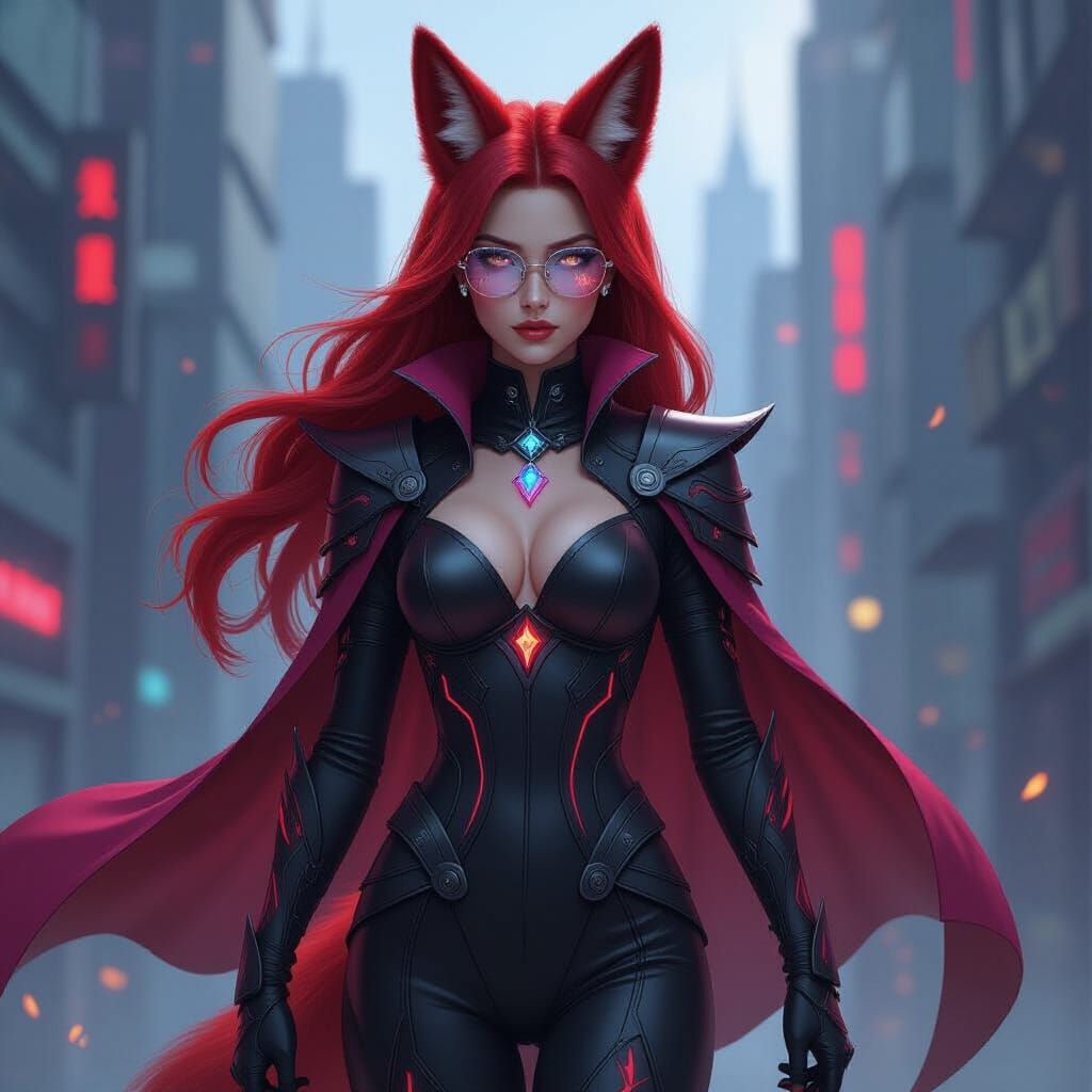 Futuristic Fox-Eared Hero in Cyberpunk City