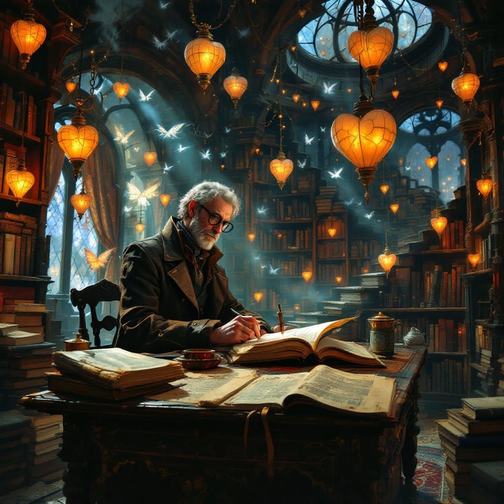 Steampunk Scholar in Dreamy Library of Floating Books and He...