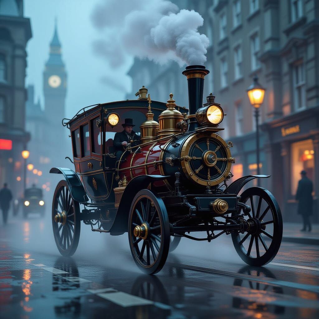 Steampunk Clockwork Carriage in Foggy London Street