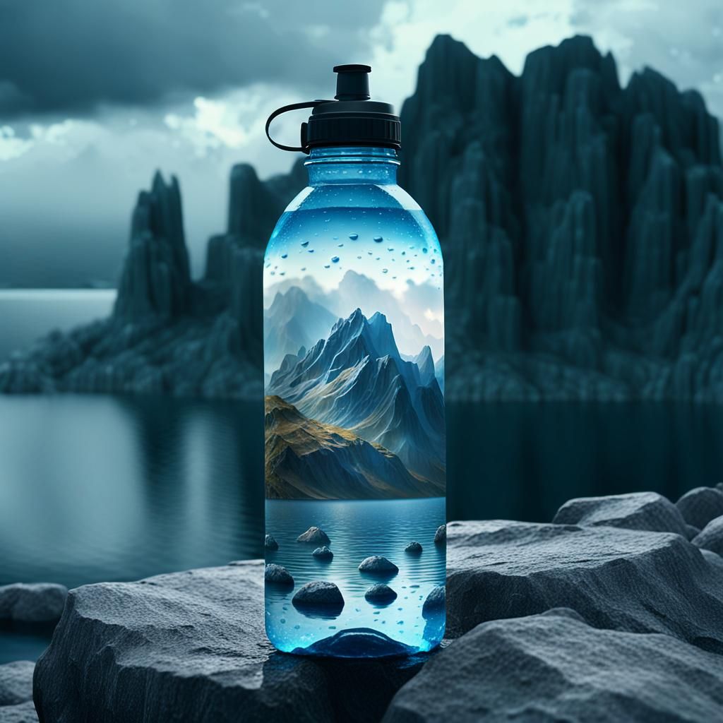 Water Bottle on Cliff: Fantasy Realism Digital Painting