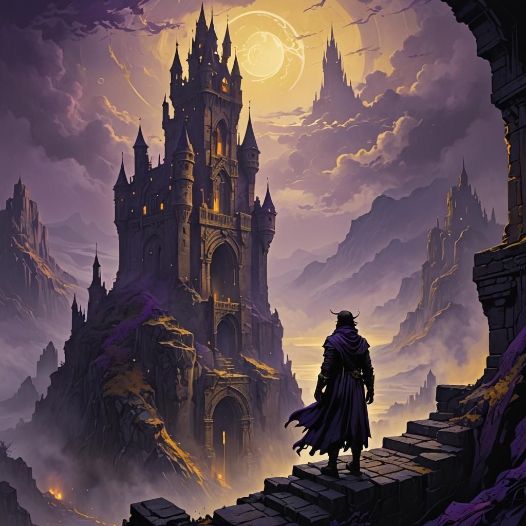 Dark Fantasy Figure Gazing from Crumbling Castle