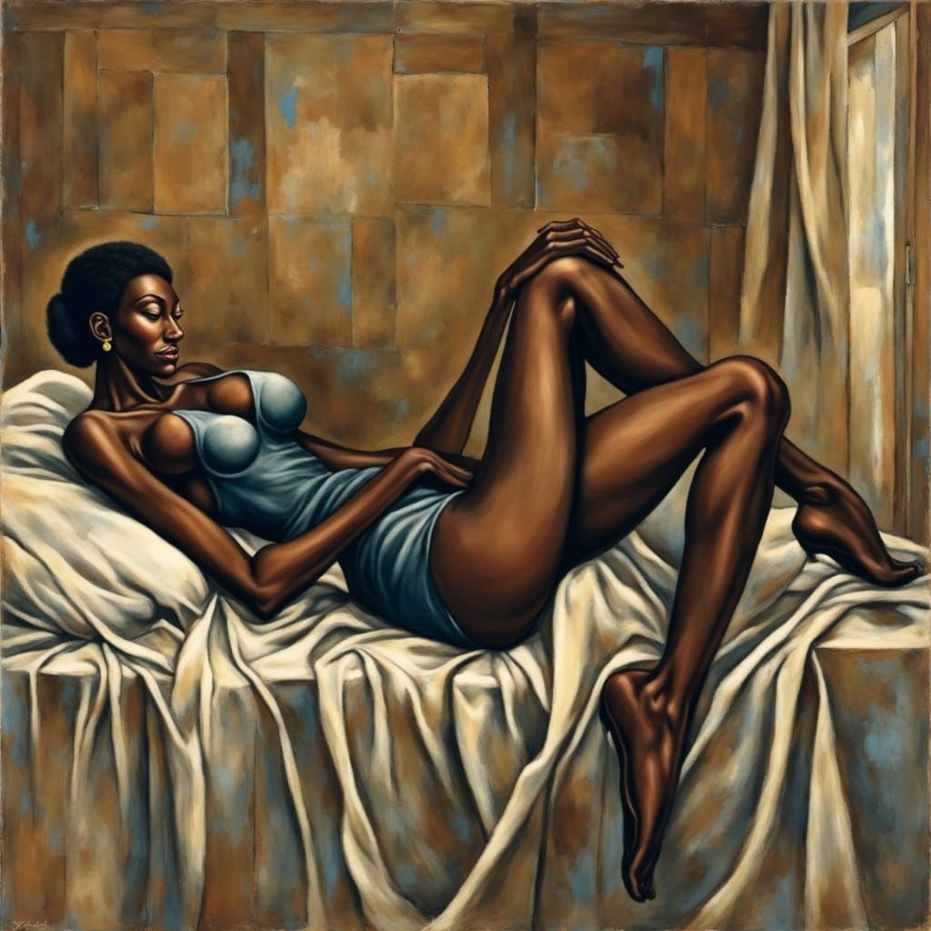Modernist Oil Painting of Reclining Black Woman