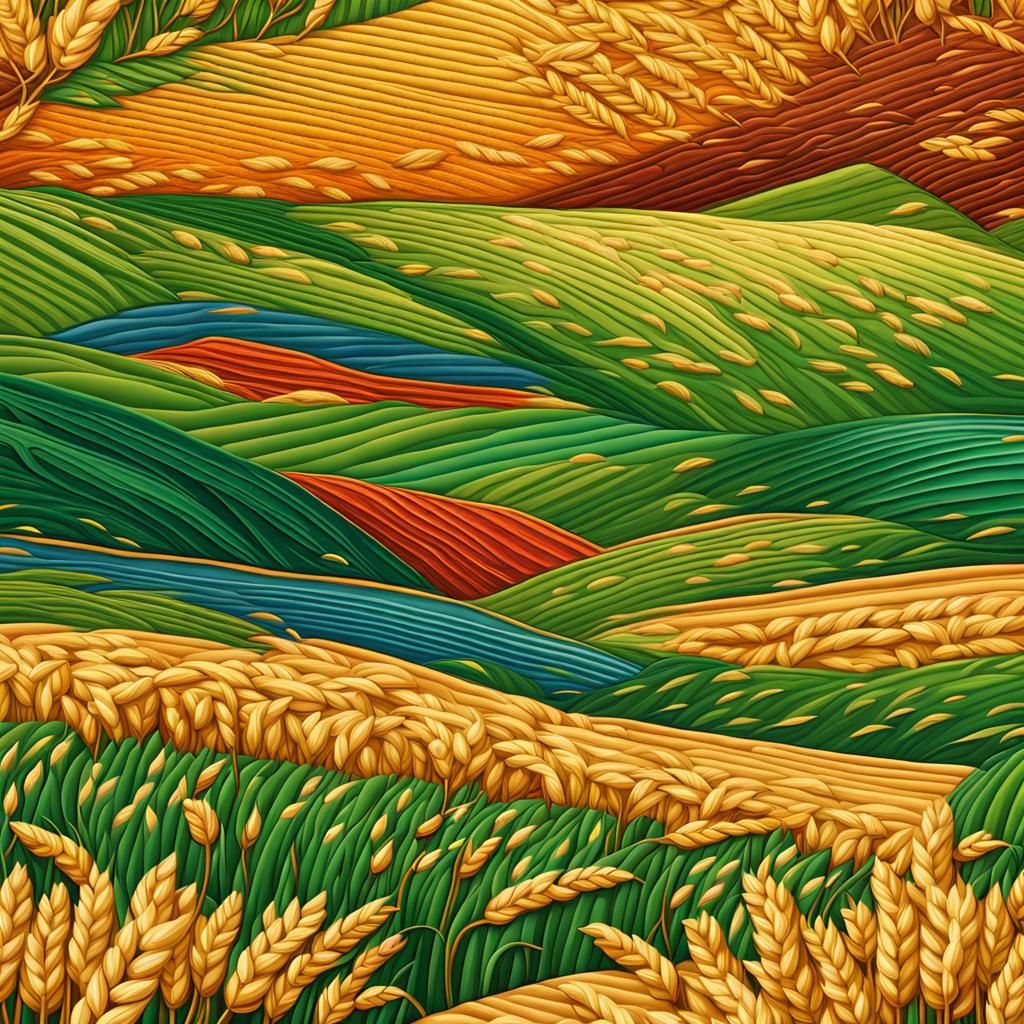 Hyperrealistic Quilted Wheat Fields Splash Art