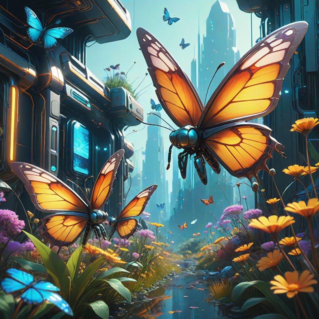 Robotic Butterflies in Futuristic Garden Concept Art