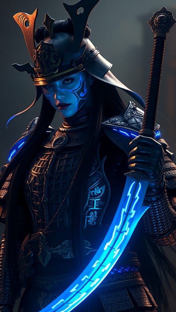 Armored Samurai Witch-Queen with Neon Katana