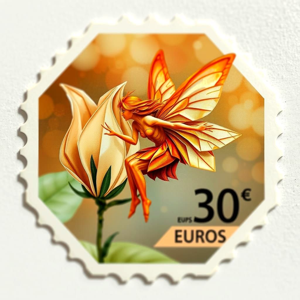 Fairy on Pentagonal Stamp in Cubist Art Deco Style