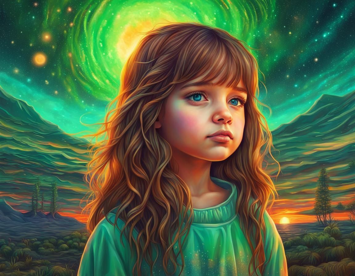 Girl Watching Sunset in Holographic Astral Style