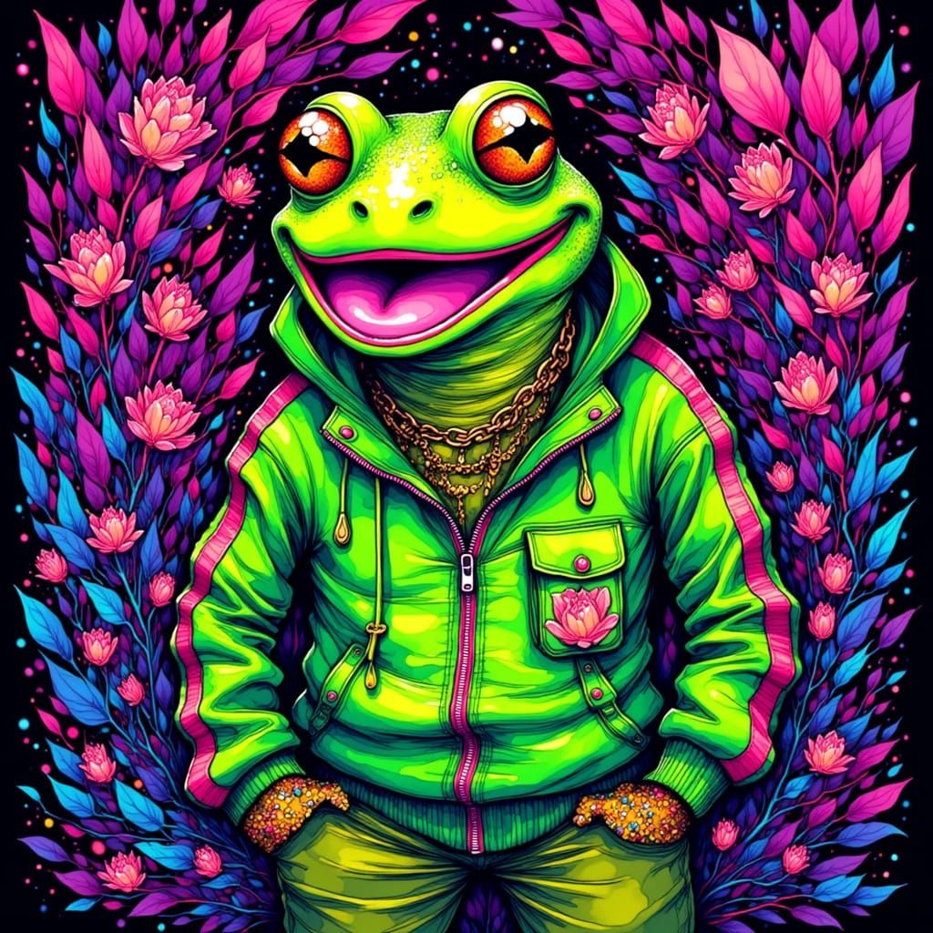 Psychedelic Pepe the Frog in Neon Dreamscape