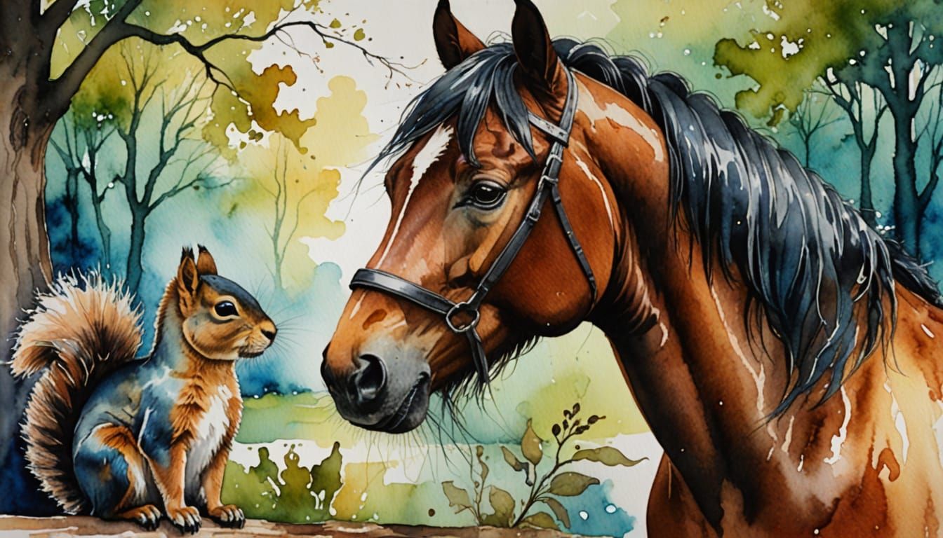 Frisian Horse Gazes Lovingly at Squirrel in Watercolor
