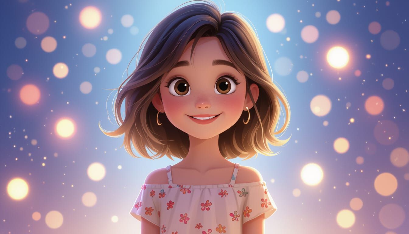 Playful Girl in Dreamy 2D Animated Style
