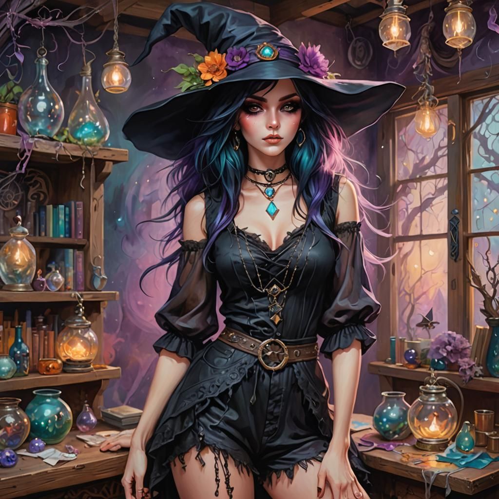 Alluring Punky Witch in Magical Shop Painting