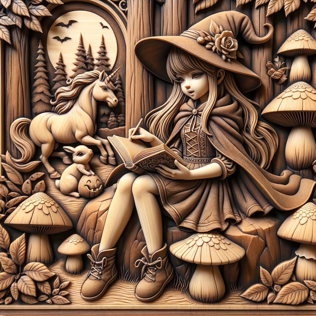 Wood Carving: South Asian Witch in Forest Scene