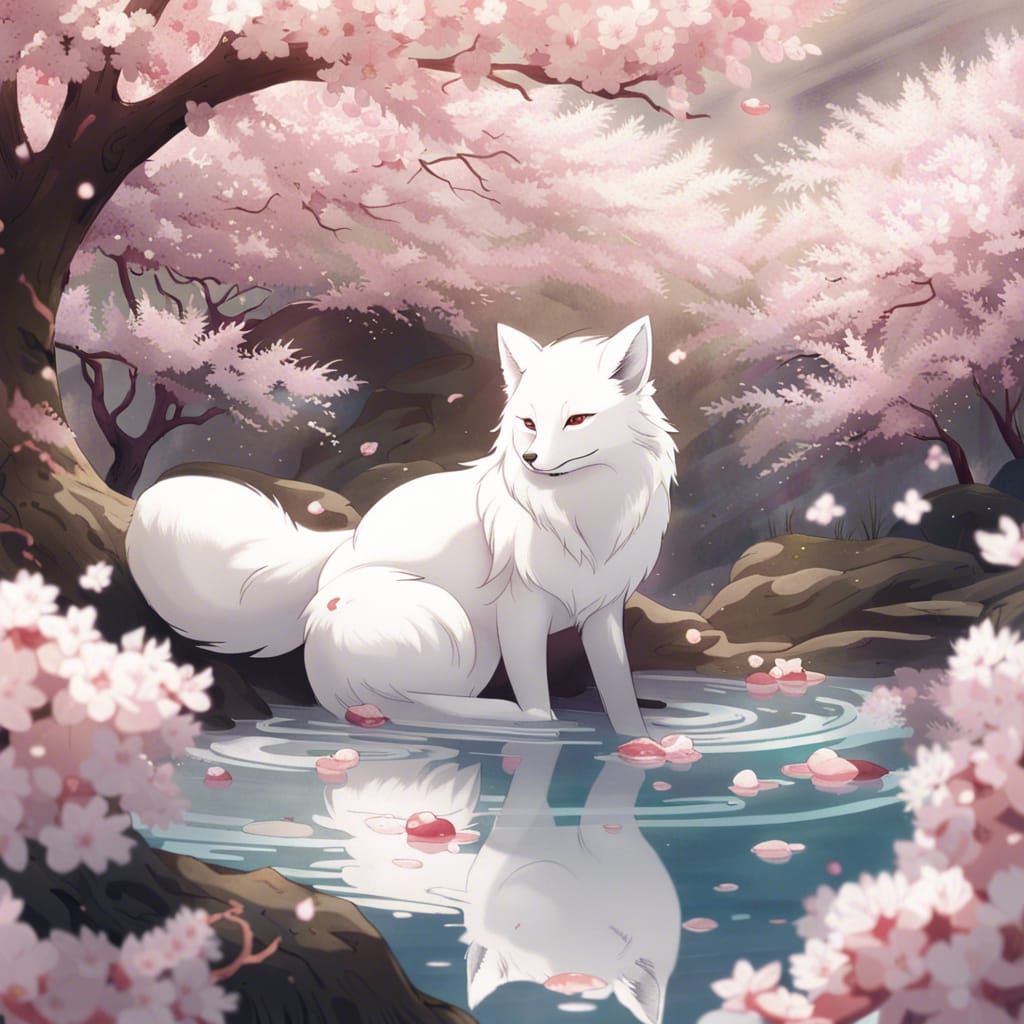 Fox at Cherry Blossom Hot Spring in Anime Style