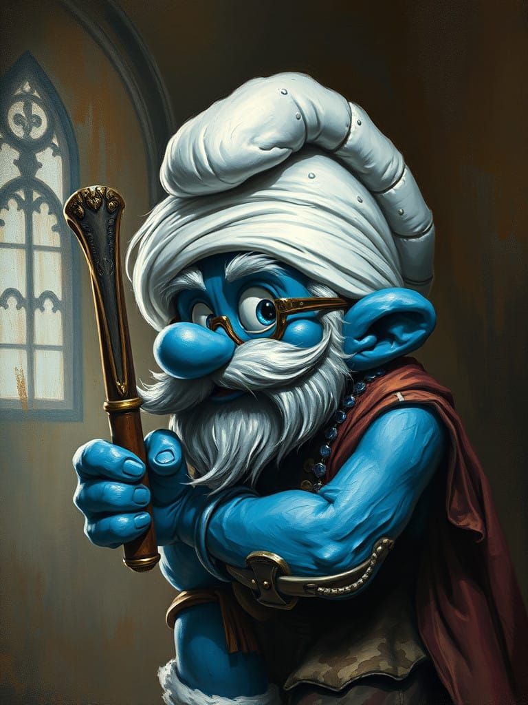 Grunge Smurf in Elegant Academic Attire, Oil Painting Style