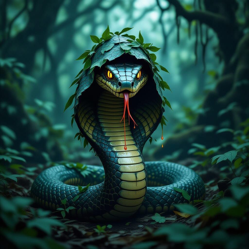 Venomous Cobra in Mystical Forest, Giger-Inspired