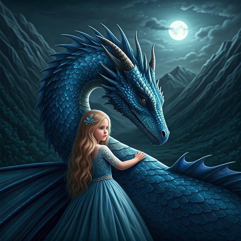 Sweet Girl Cuddles Majestic Fantasy Dragon in Moonlit Landsc...