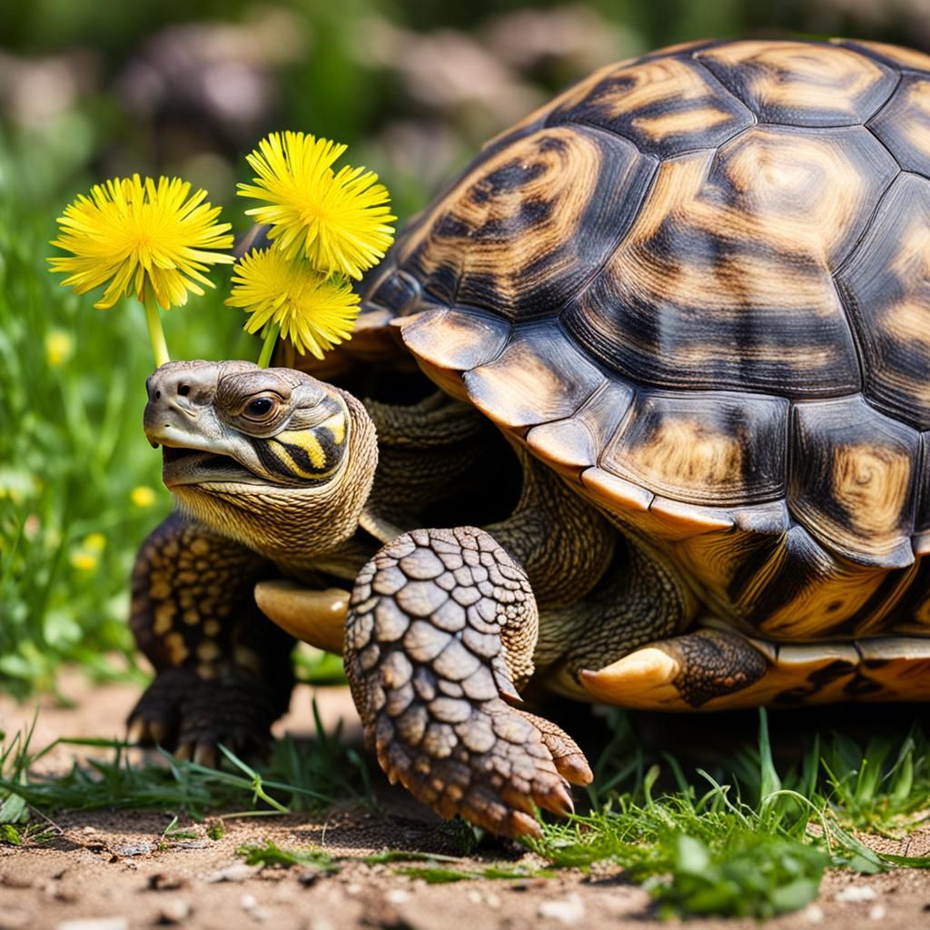 Greek Tortoise Eating a Dandelion