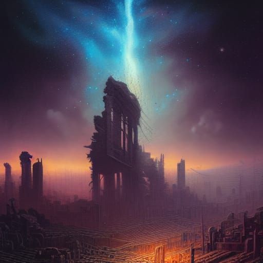 Post-Apocalyptic City Ruins Under Nebula Sky