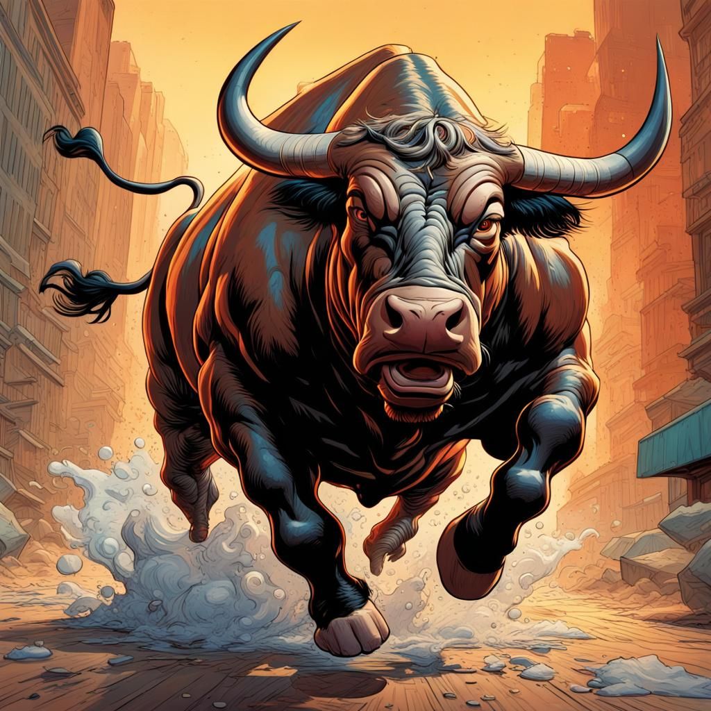 Fearsome Bull Running: Hyperrealistic Comic Art