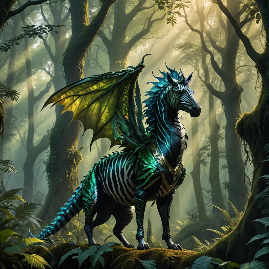 Half-Dragon Zebra in Misty Forest: Fantasy Art