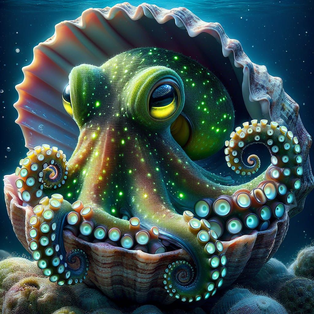 a mysterious adorable octopus with enormous yellow eyes and green skin with bioluminescent spots sits in a seashell watc...