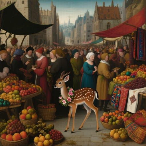 Medieval Market Scene with Fawn in Renaissance Style